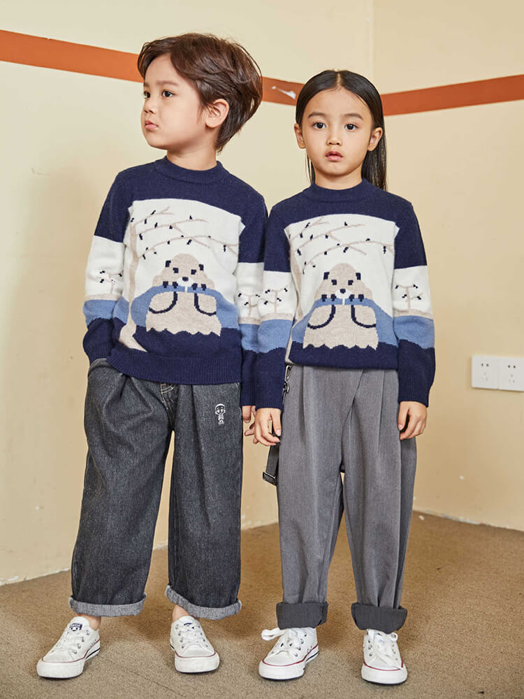 Kids Cozy Animal Otter and Tree Knit Cashmere Crewneck Pullover